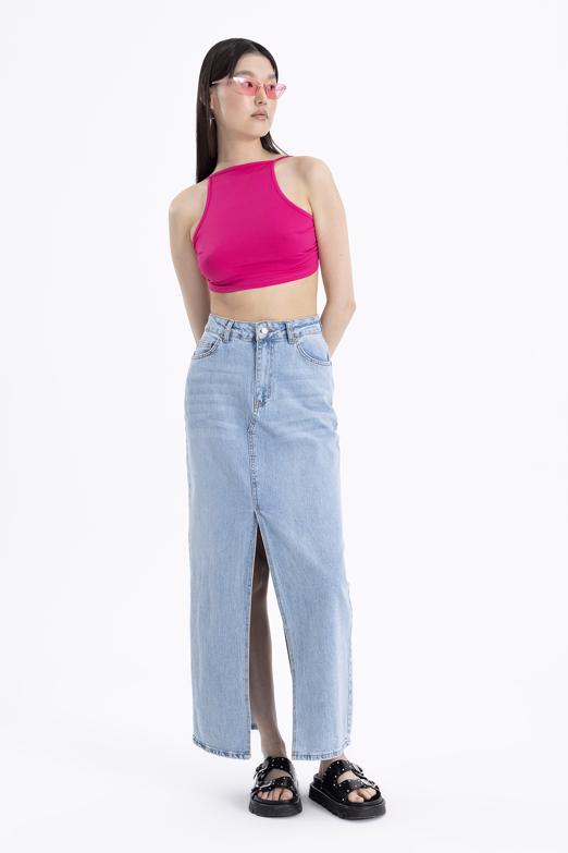 Bayan Mavi Yırtmaclı Maksi Denim Etek - BSL