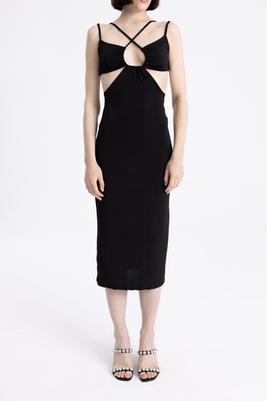 Bayan Siyah Dekolteli  Askılı  Midi  Elbise - BSL