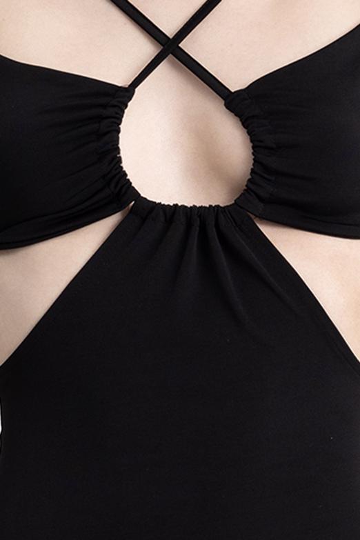 Bayan Siyah Dekolteli  Askılı  Midi  Elbise - BSL