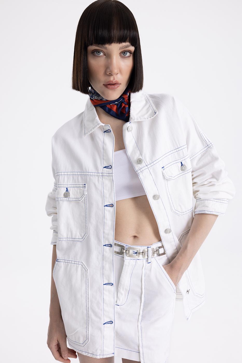 Bayan Beyaz Cepli  Midi  Boy  Ceket