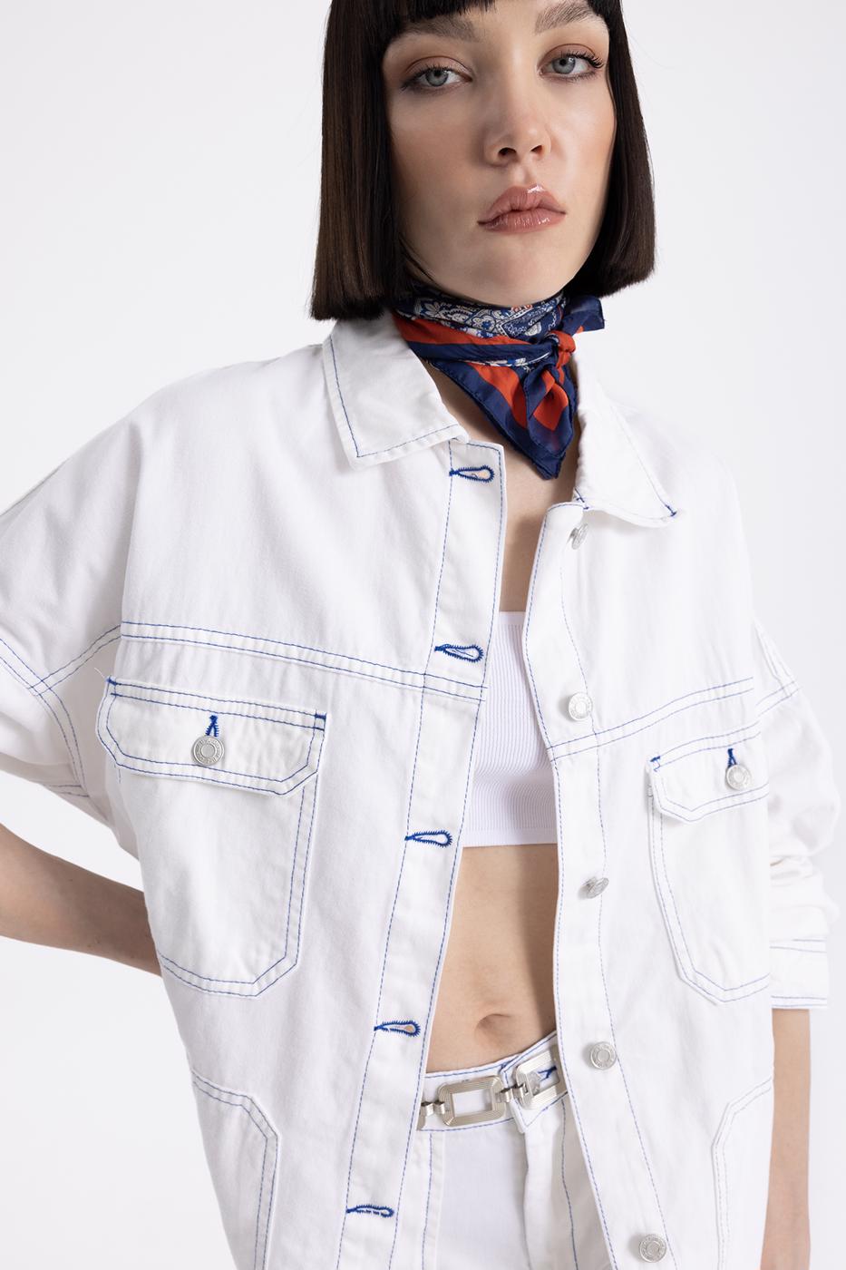 Bayan Beyaz Cepli  Midi  Boy  Ceket