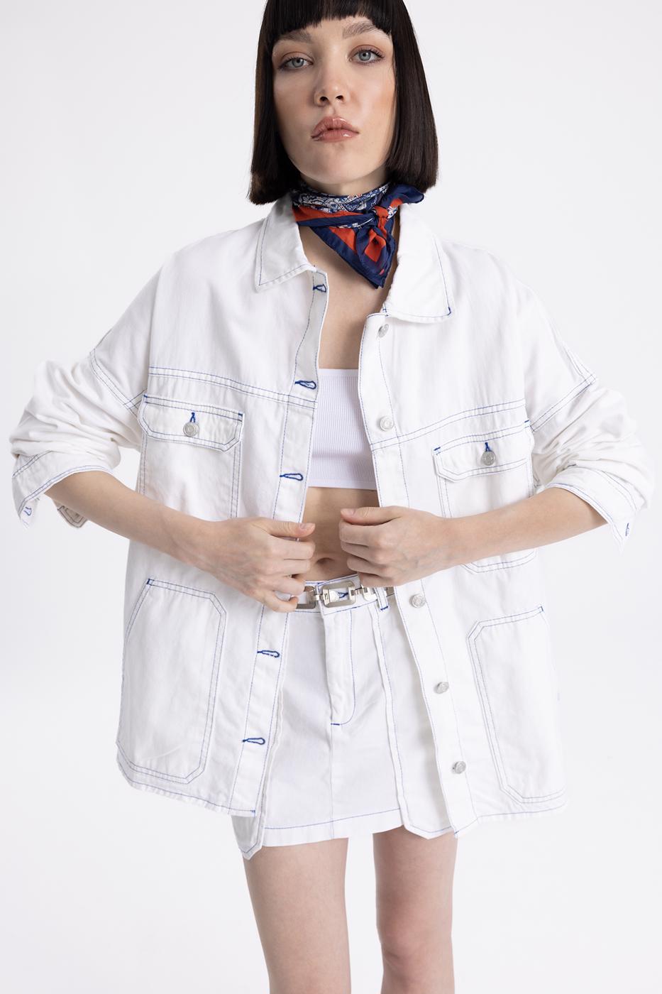 Bayan Beyaz Cepli  Midi  Boy  Ceket