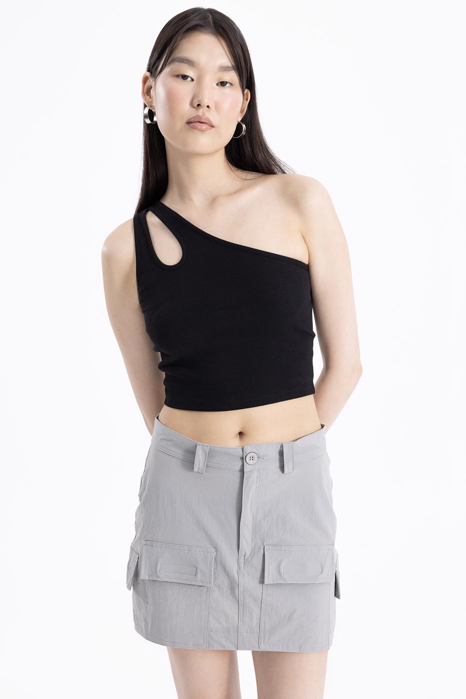 Bayan Gri Cep  Detaylı  Dar Mini Etek