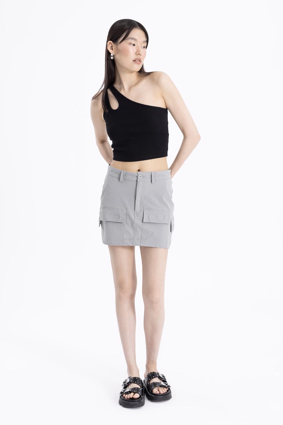 Bayan Gri Cep  Detaylı  Dar Mini Etek