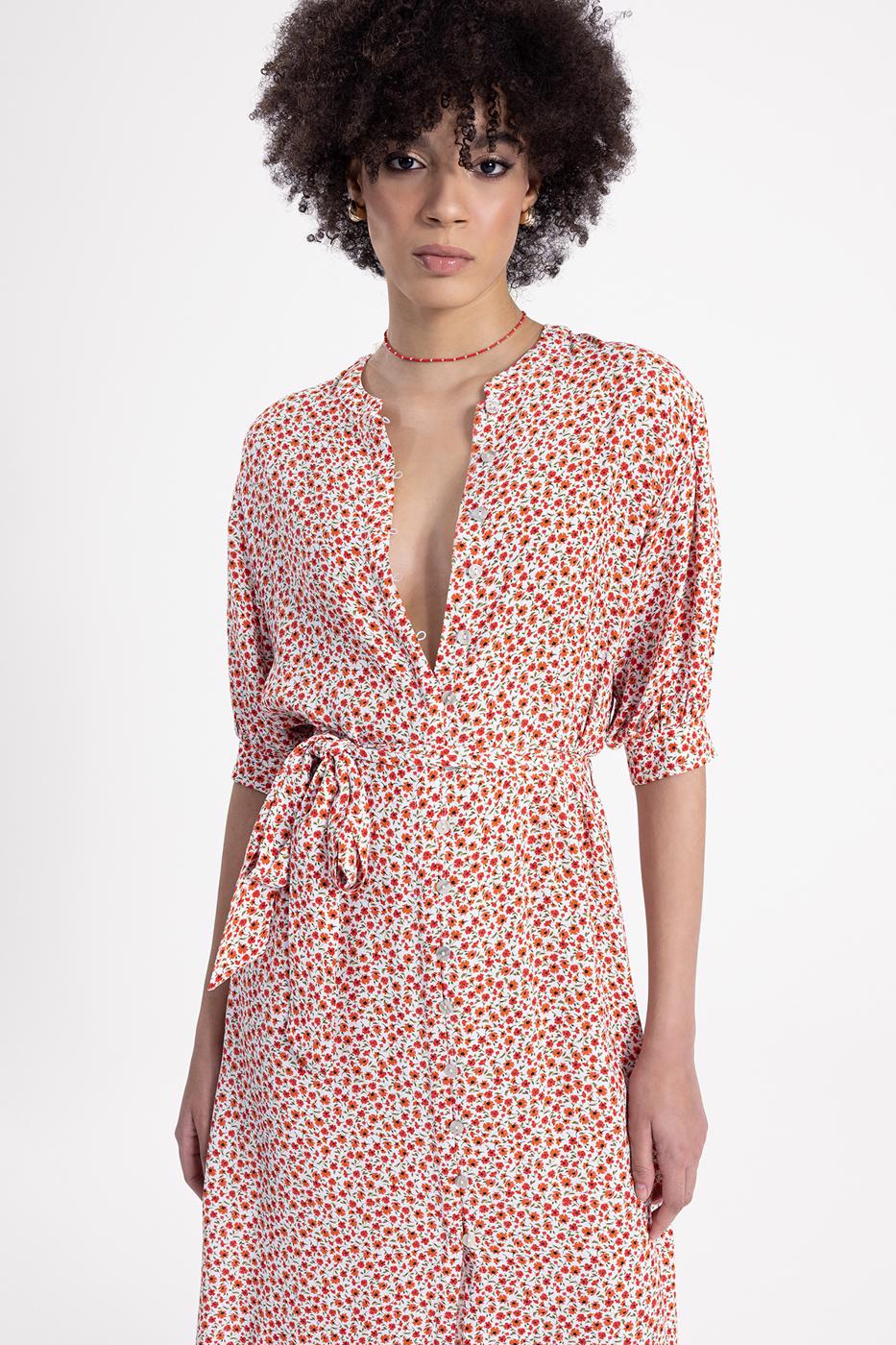 Bayan Kırmızı Kısa Kollu Midi Boy Gömlek Elbise