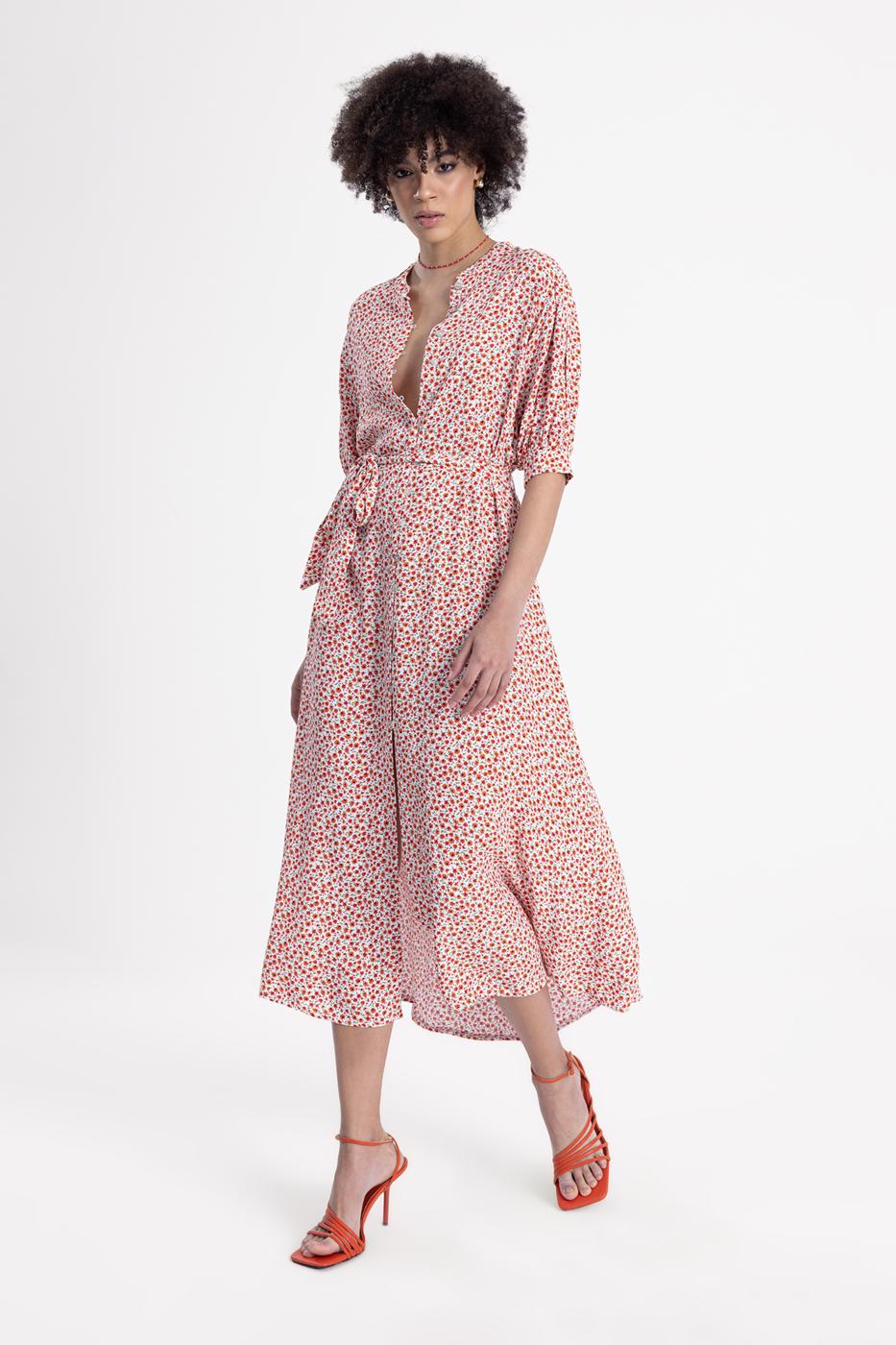 Bayan Kırmızı Kısa Kollu Midi Boy Gömlek Elbise