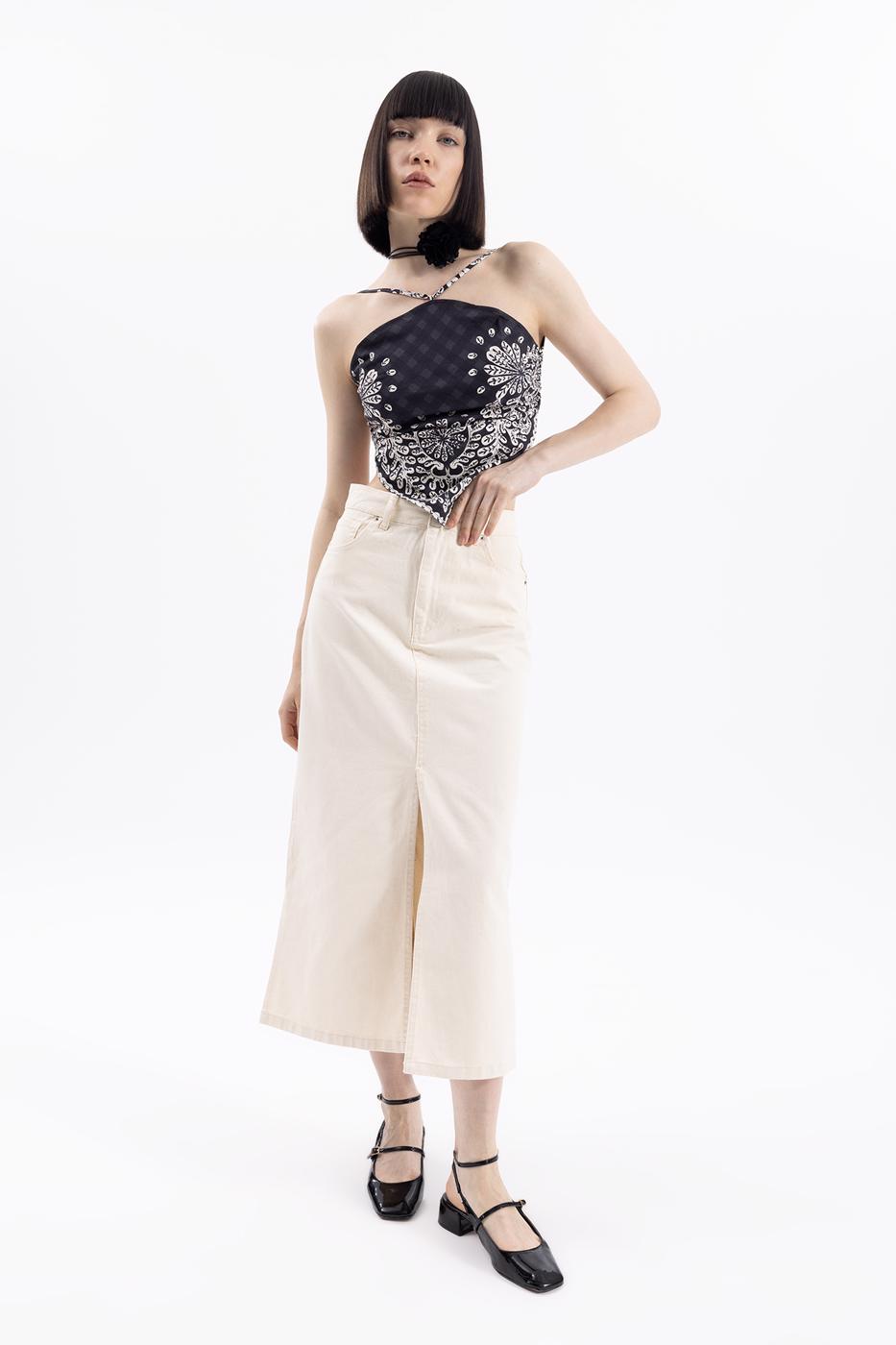 Bayan Krem Yırtmaclı Cotton  Midi  Etek