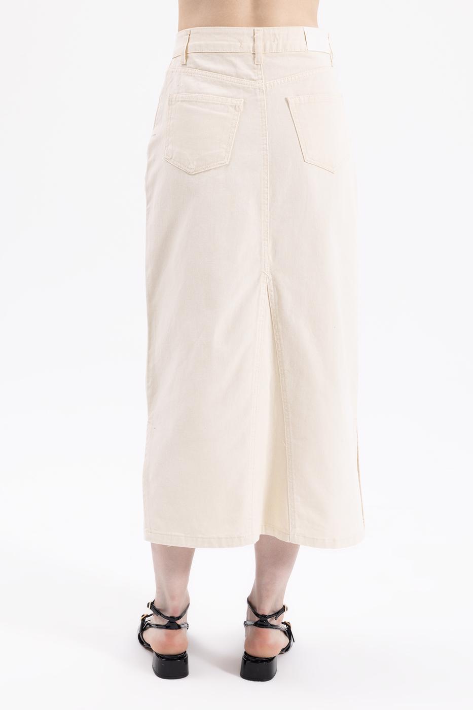 Bayan Krem Yırtmaclı Cotton  Midi  Etek