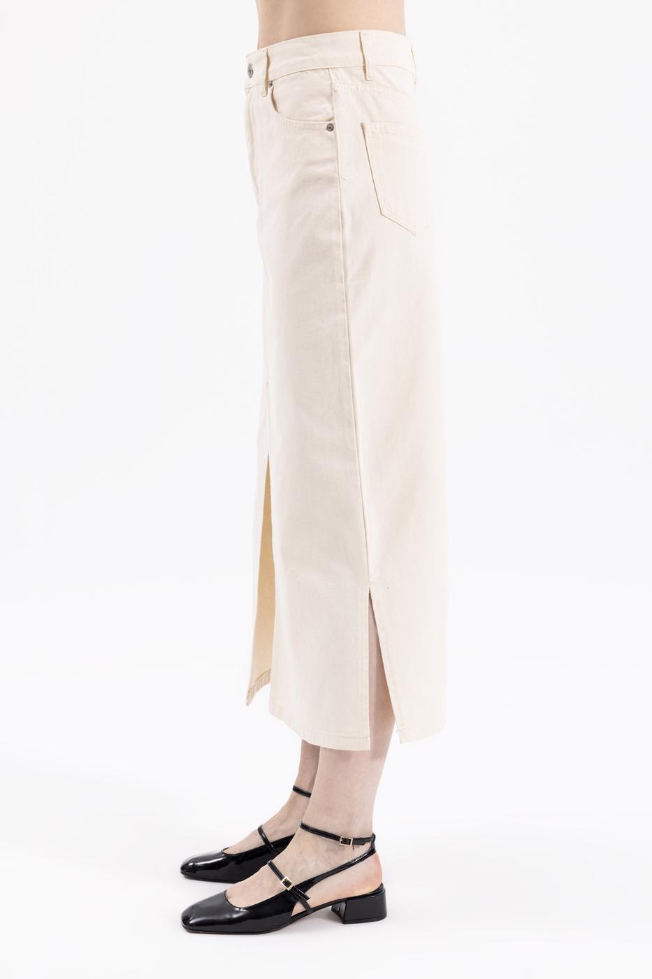 Bayan Krem Yırtmaclı Cotton  Midi  Etek