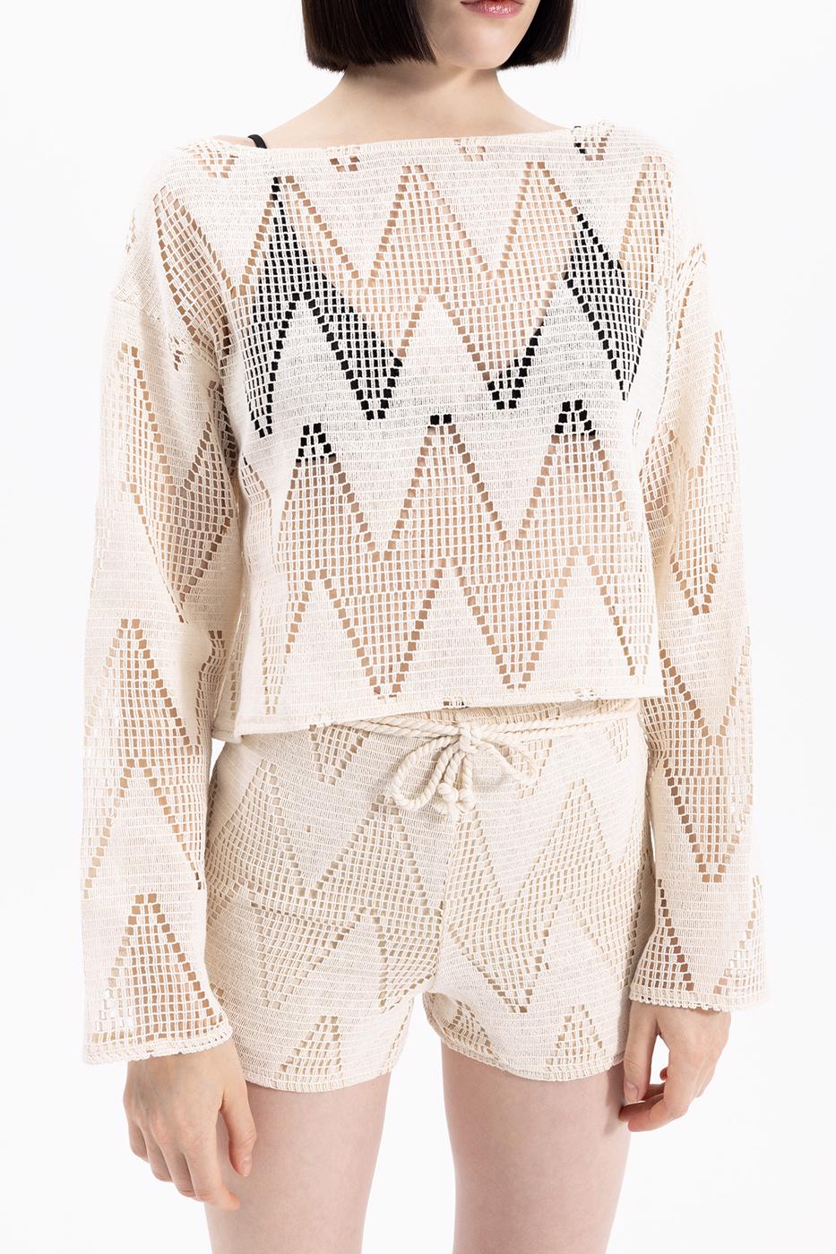 Bayan Ekru Kayık Yaka Uzun Kollu Dantel Bluz