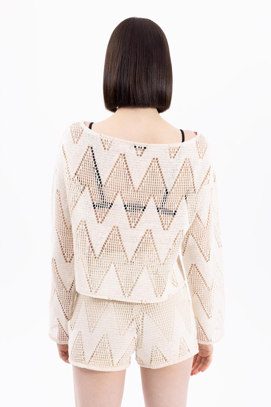 Bayan Ekru Kayık Yaka Uzun Kollu Dantel Bluz