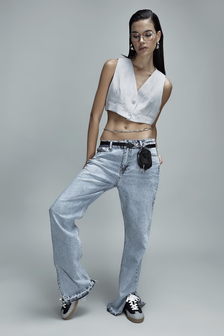 Bayan Mavi Orta Bel Düz Kesim Denim Pantolon