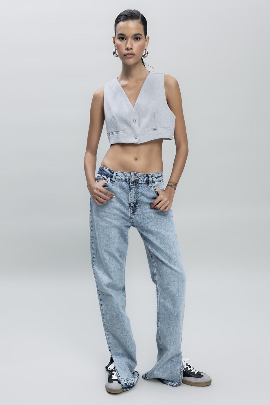 Bayan Mavi Orta Bel Düz Kesim Denim Pantolon