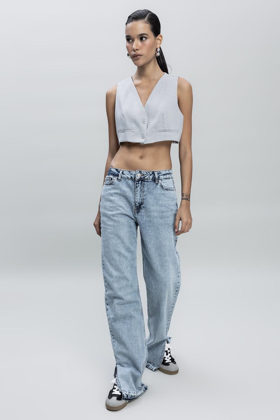 Bayan Mavi Orta Bel Düz Kesim Denim Pantolon