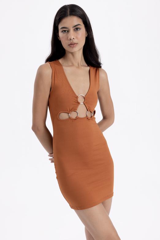 Bayan Kahverengi Kalem Mini Elbise - BSL