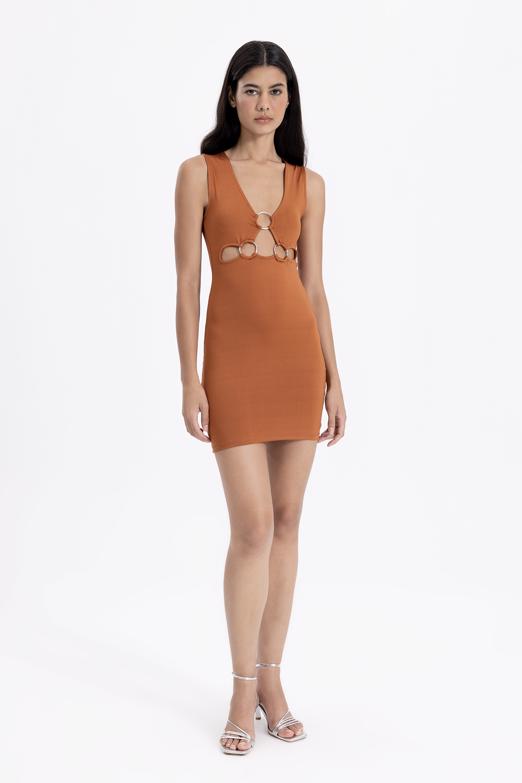 Bayan Kahverengi Kalem Mini Elbise - BSL