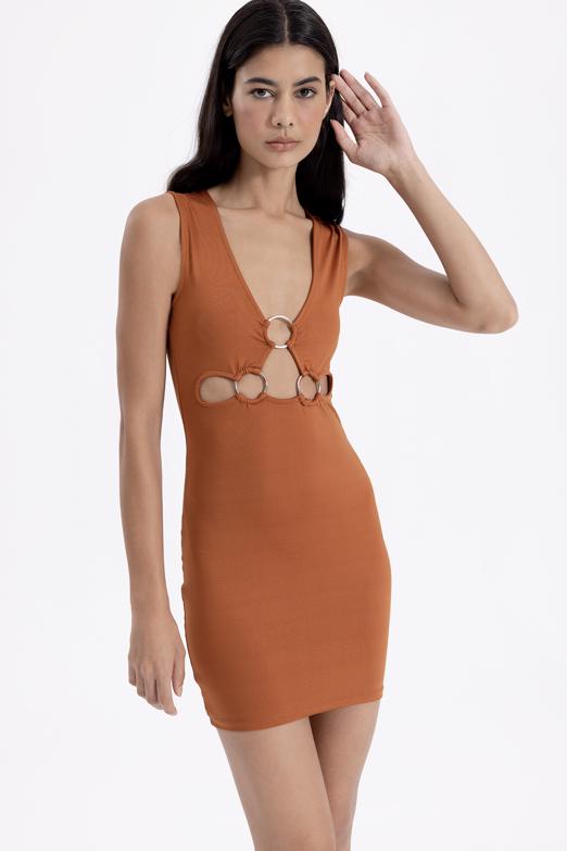 Bayan Kahverengi Kalem Mini Elbise - BSL