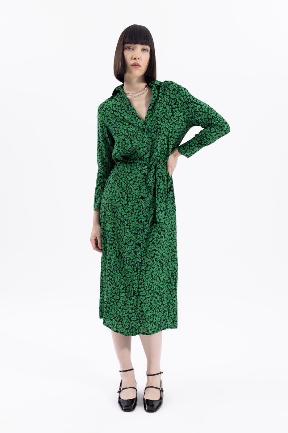 Bayan Yeşil Midi Boy Gömlek Elbise