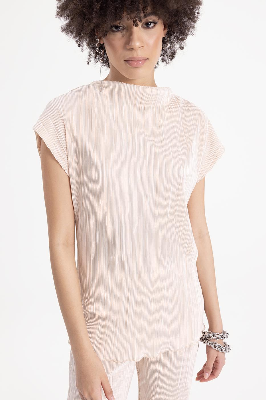 Bayan Ekru Kısa Kollu Piliseli  Bluz