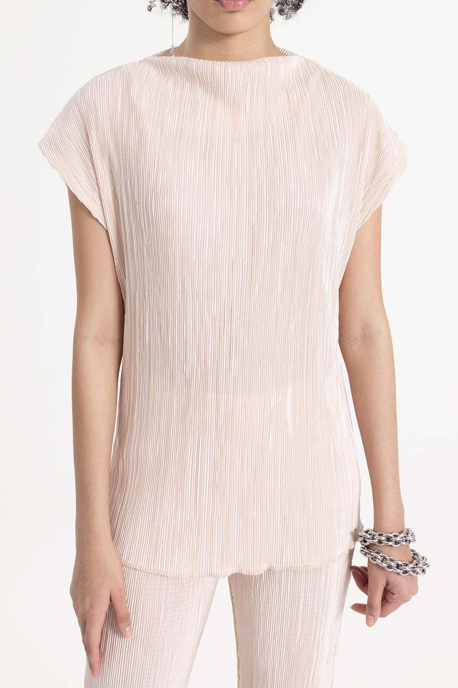 Bayan Ekru Kısa Kollu Piliseli  Bluz