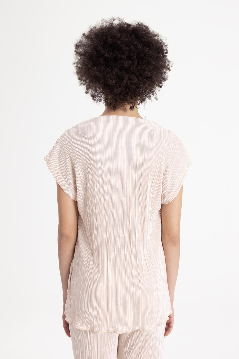 Bayan Ekru Kısa Kollu Piliseli  Bluz