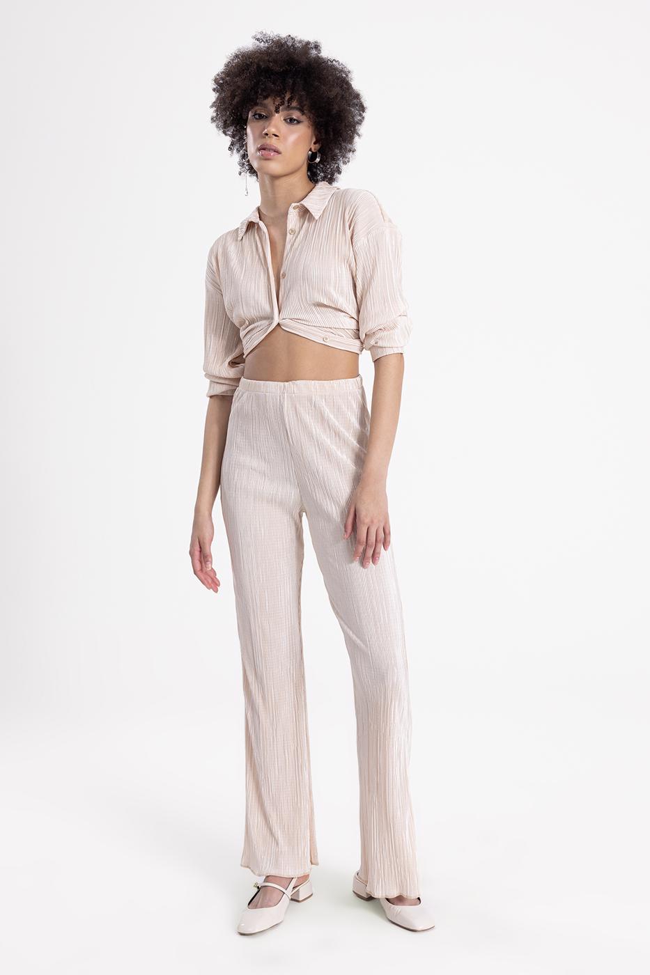 Bayan Ekru Piliseli İspanyol Paça Pantolon