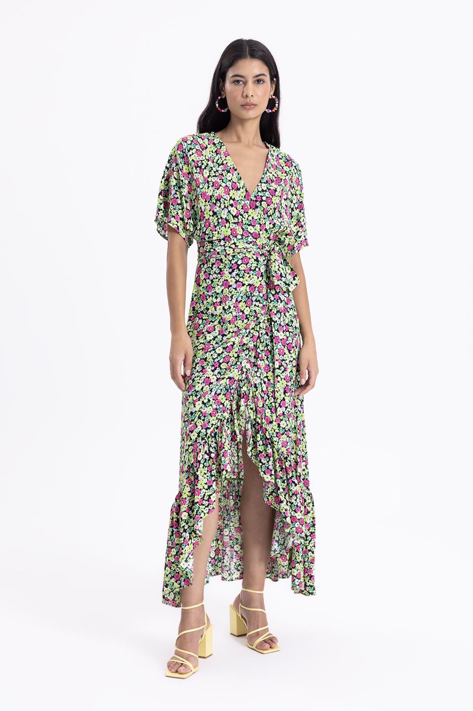 Bayan Yeşil Anvelop Kapama Desenli Midi Elbise