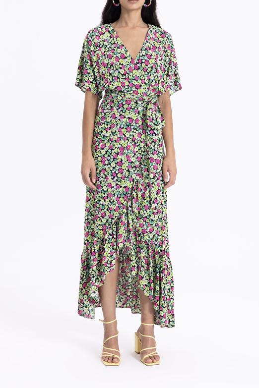 Bayan Yeşil Anvelop Kapama Desenli Midi Elbise - BSL