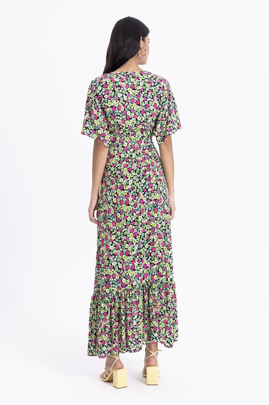 Bayan Yeşil Anvelop Kapama Desenli Midi Elbise