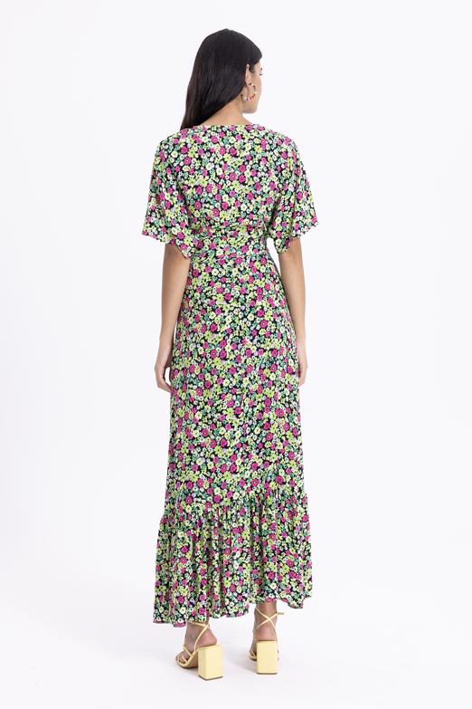 Bayan Yeşil Anvelop Kapama Desenli Midi Elbise - BSL