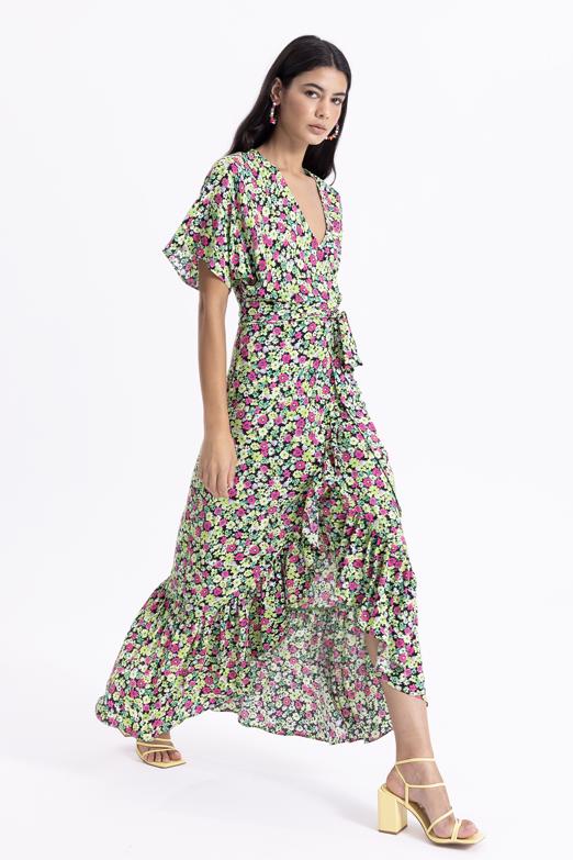 Bayan Yeşil Anvelop Kapama Desenli Midi Elbise - BSL