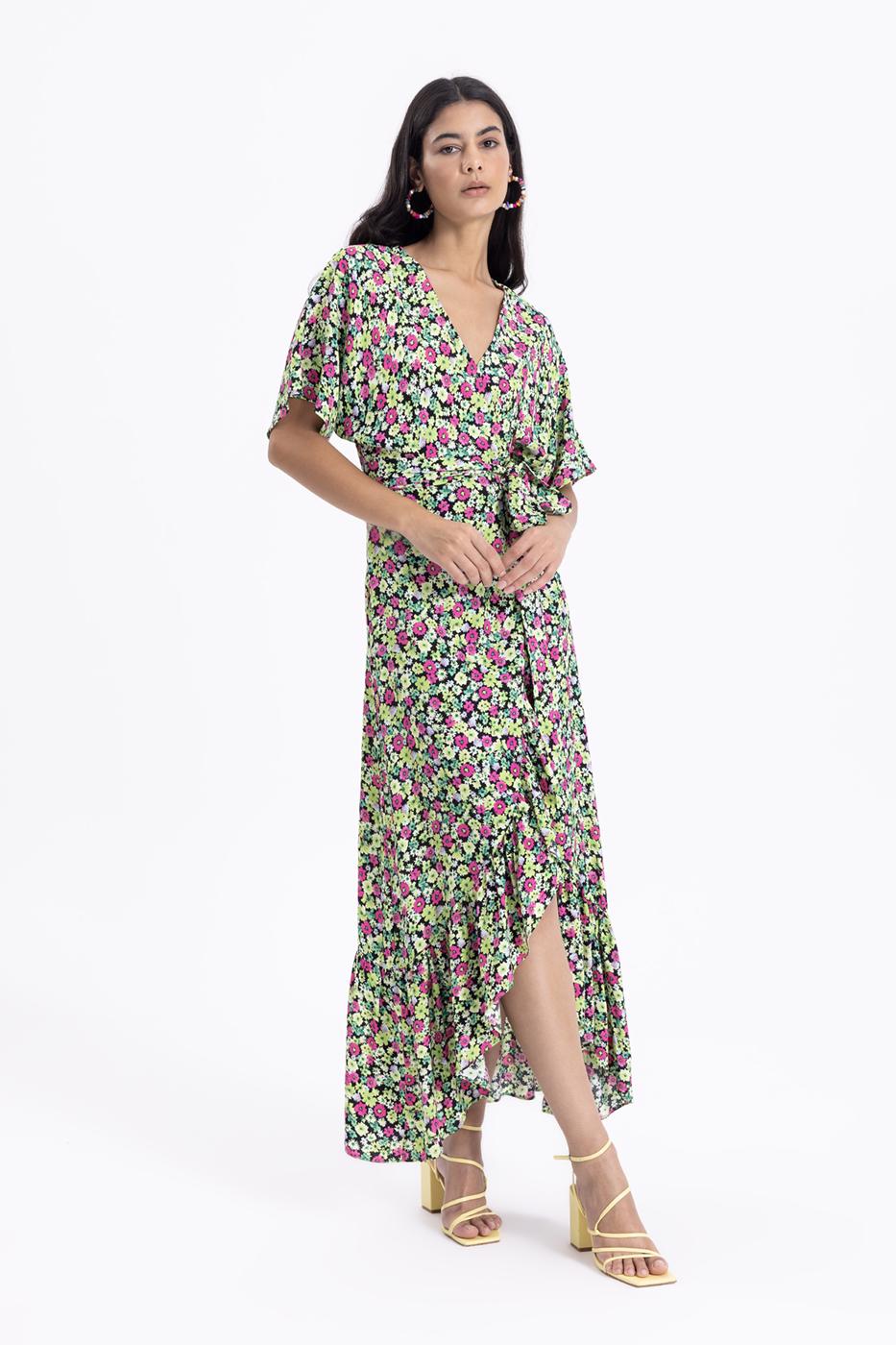 Bayan Yeşil Anvelop Kapama Desenli Midi Elbise