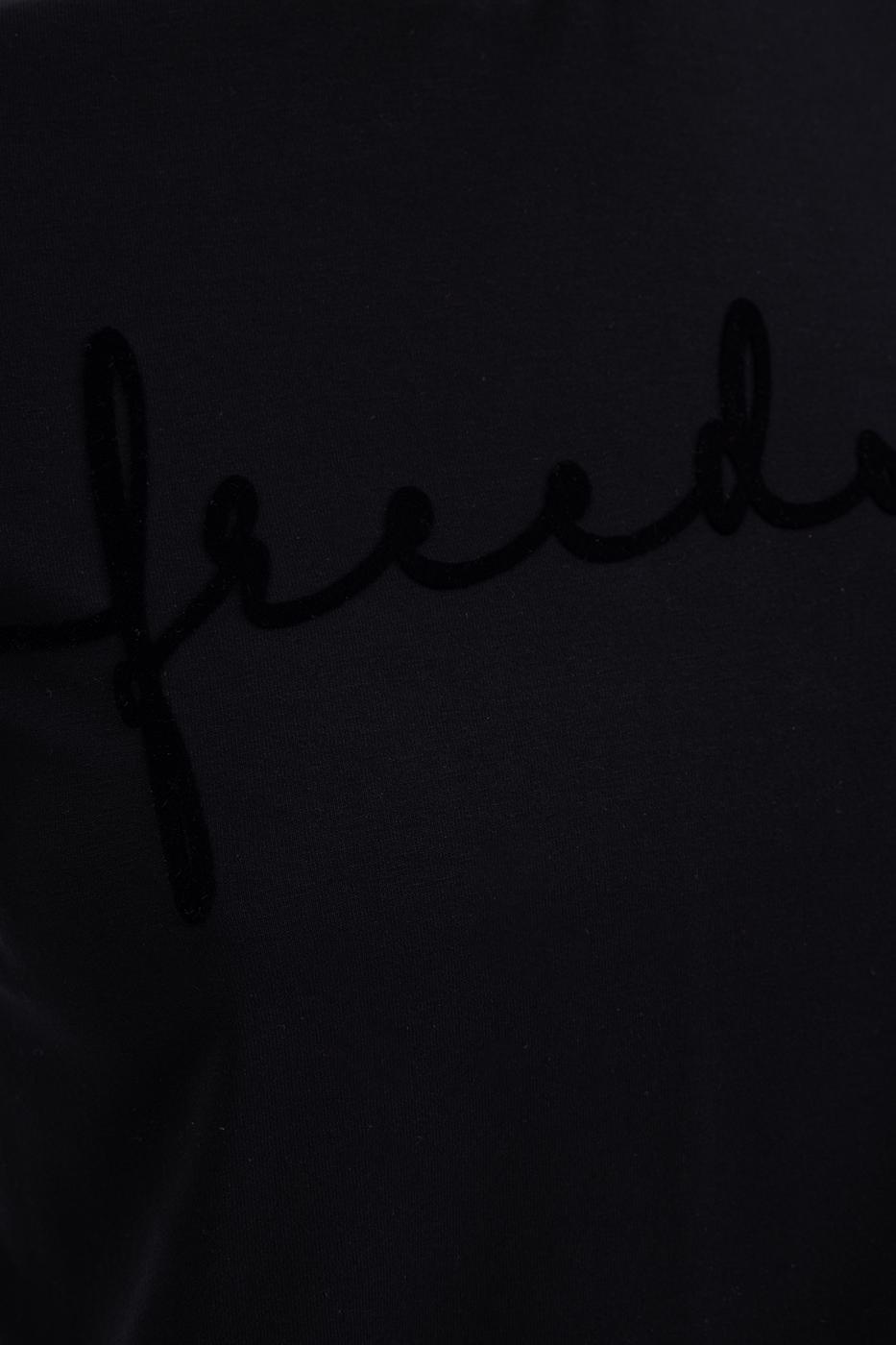 Bayan Siyah Flok Baskılı Basıc Tshırt