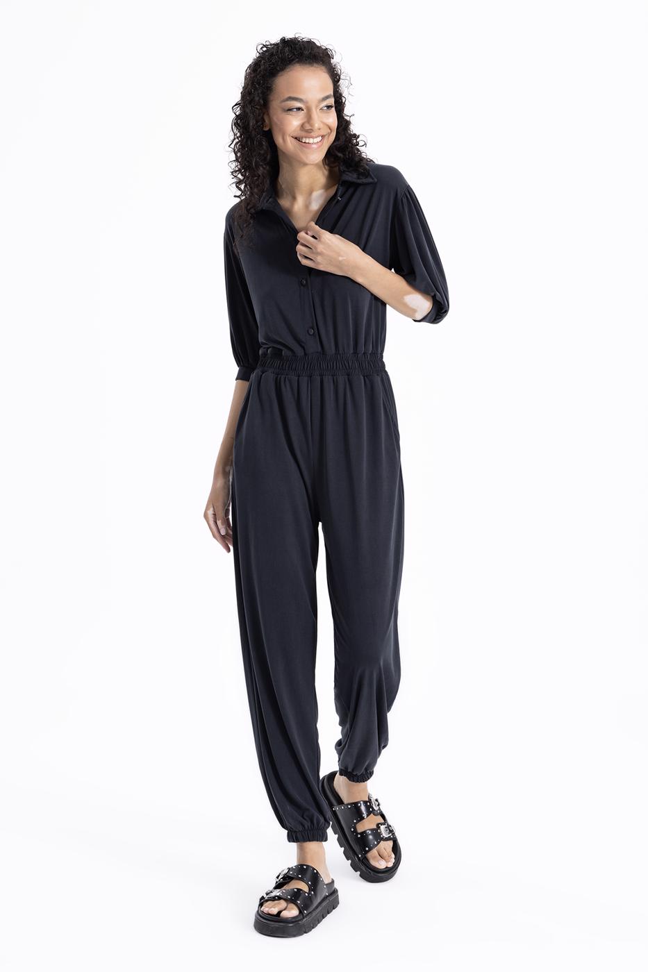 Bayan Antrasit Gömlek Yaka Jogger Tulum