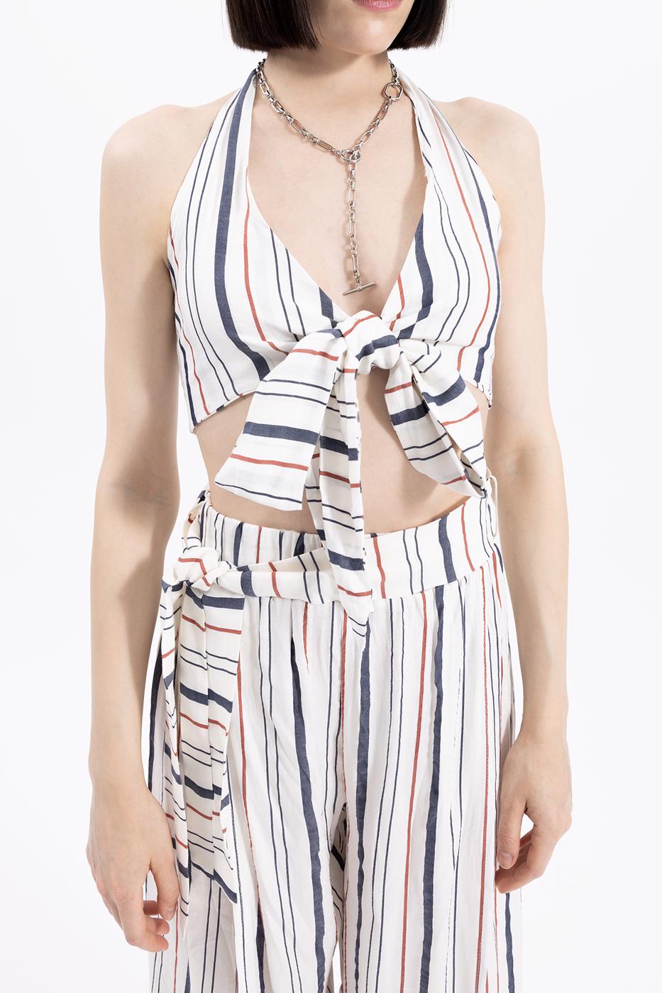 Bayan Ekru Bağlamalı Çizgili Keten Bustiyer