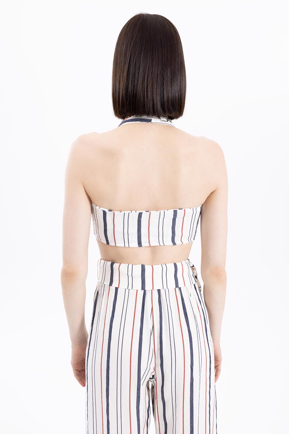 Bayan Ekru Bağlamalı Çizgili Keten Bustiyer