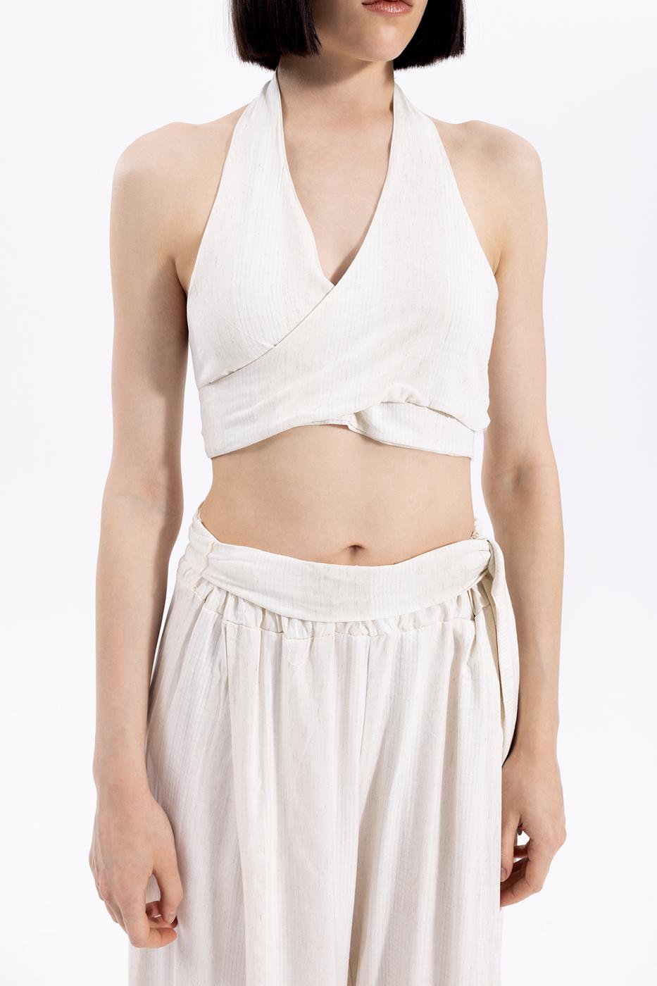 Bayan Krem Bağlamalı Çizgili Keten Bustiyer