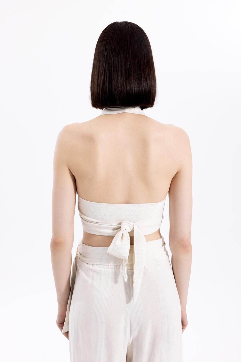 Bayan Krem Bağlamalı Çizgili Keten Bustiyer