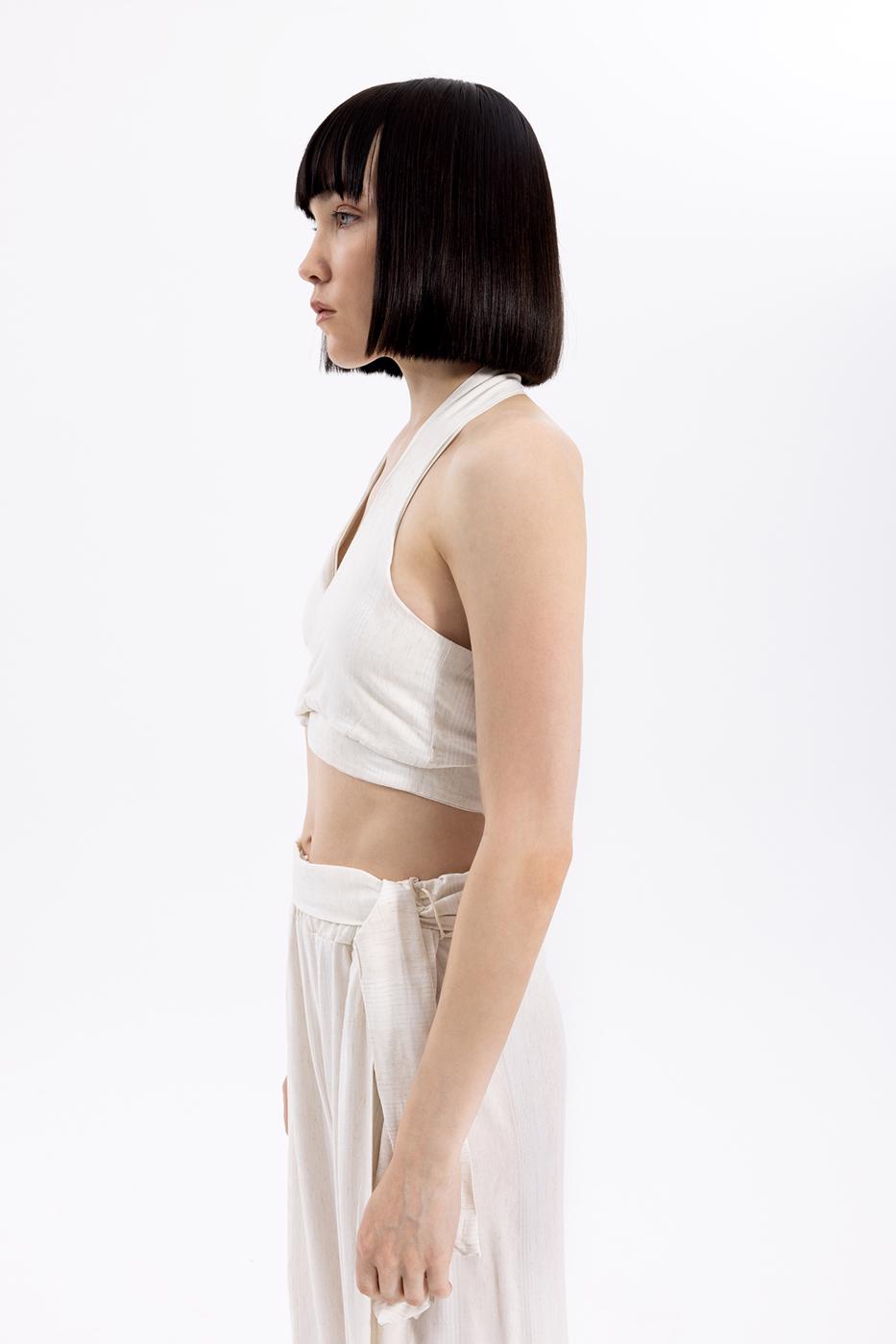 Bayan Krem Bağlamalı Çizgili Keten Bustiyer