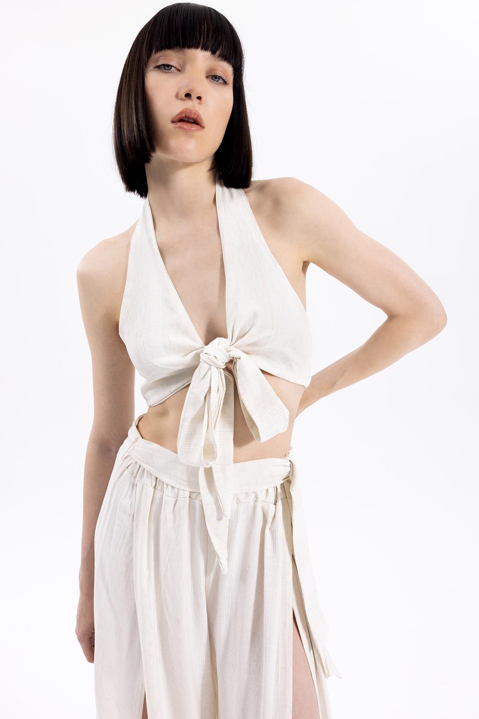 Bayan Krem Bağlamalı Çizgili Keten Bustiyer