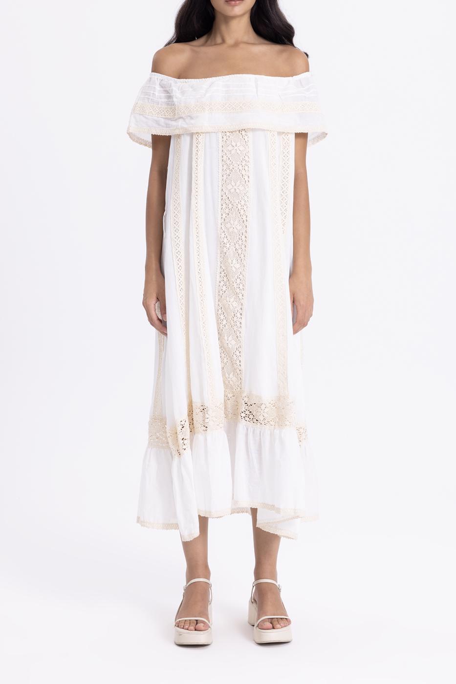 Bayan Ekru Carmen Yaka Fırfırlı Midi Boy Elbise