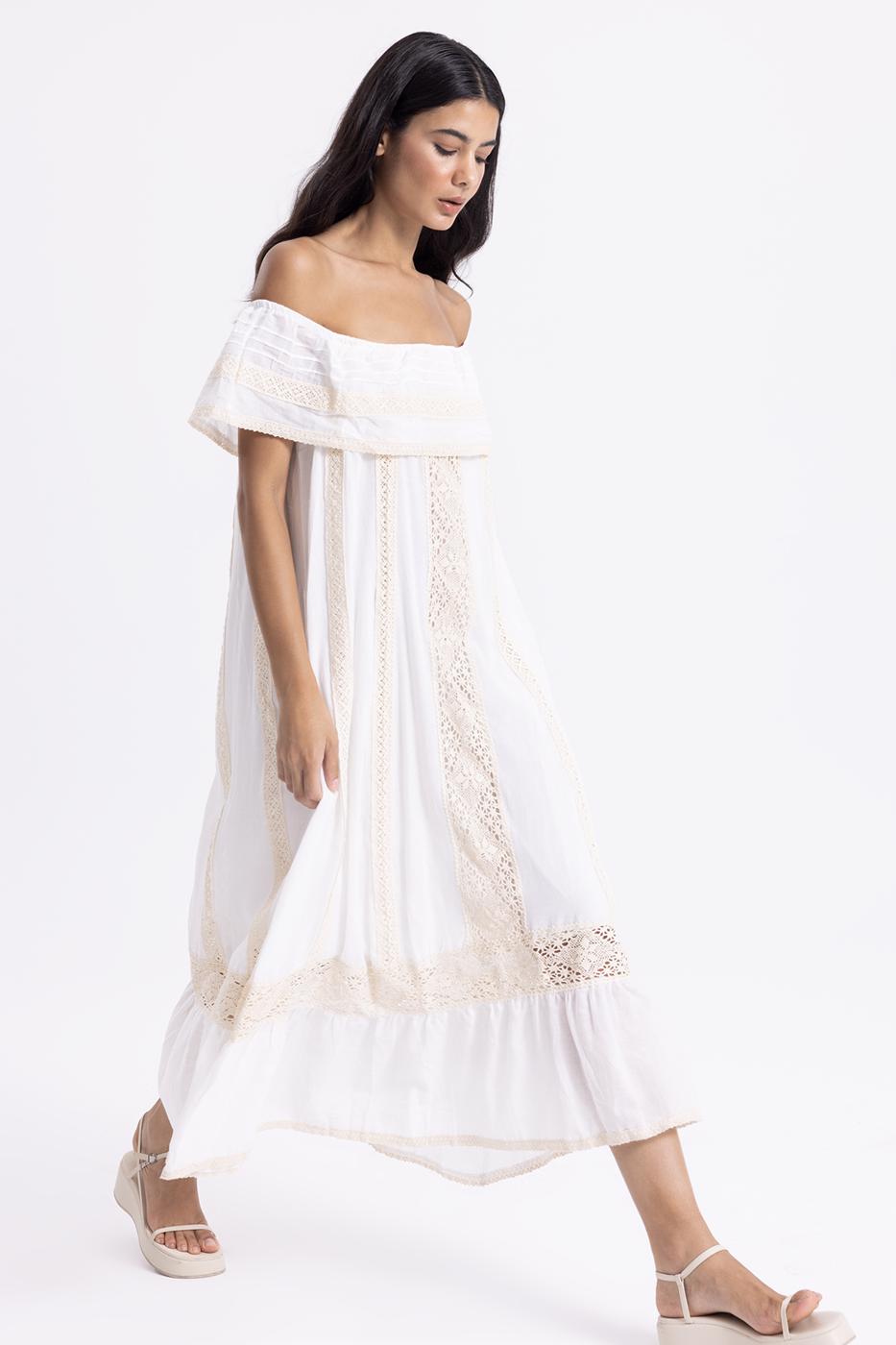 Bayan Ekru Carmen Yaka Fırfırlı Midi Boy Elbise