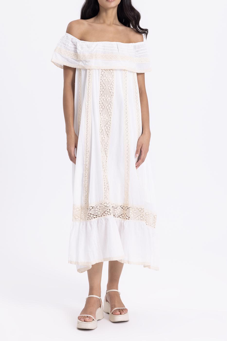 Bayan Ekru Carmen Yaka Fırfırlı Midi Boy Elbise