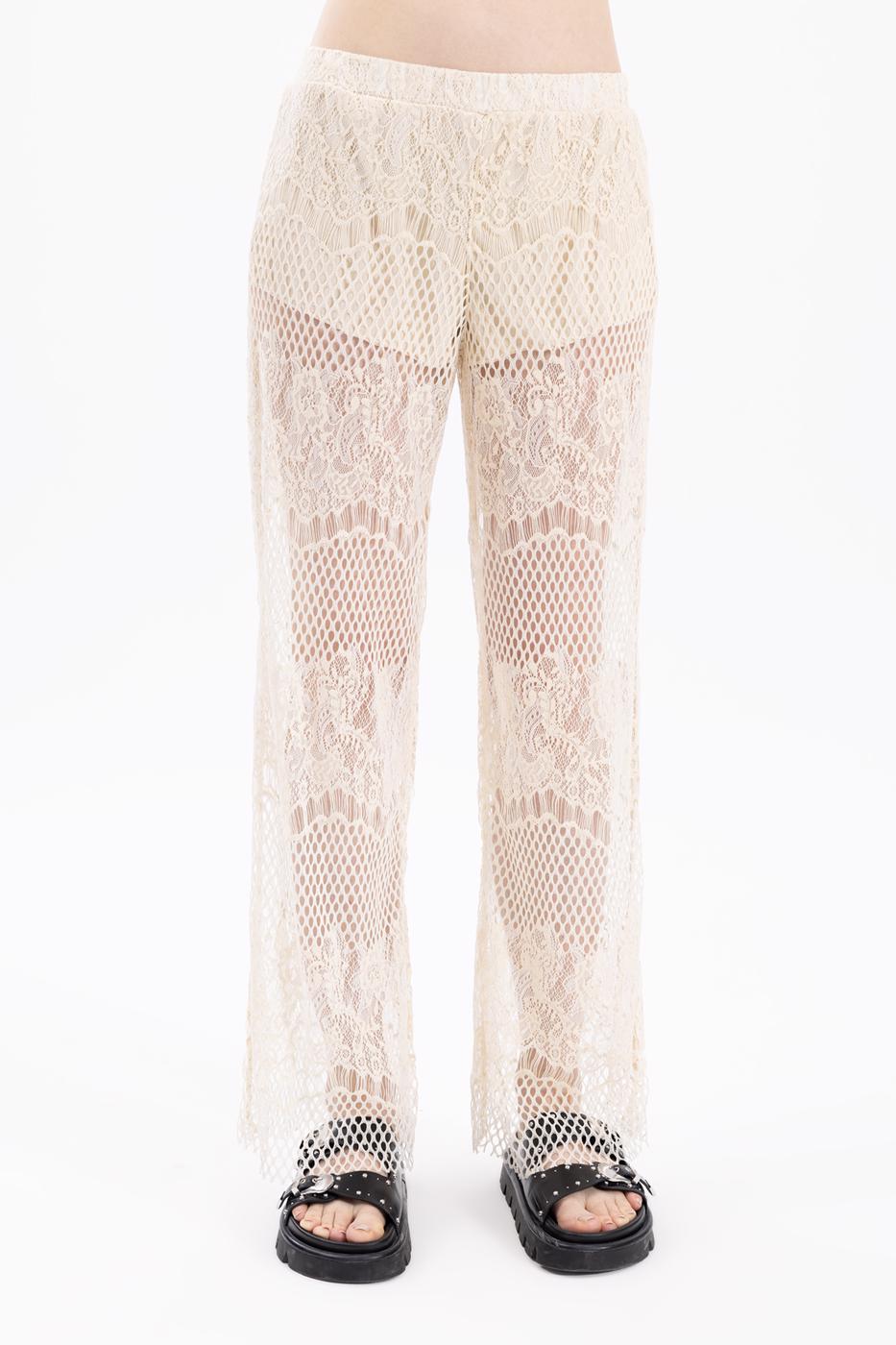 Bayan Ekru Jakarlı Dantel Bol Paça Pantolon