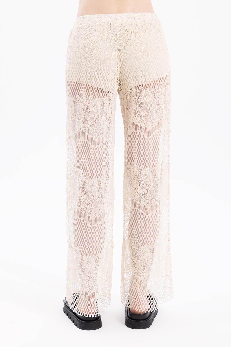 Bayan Ekru Jakarlı Dantel Bol Paça Pantolon