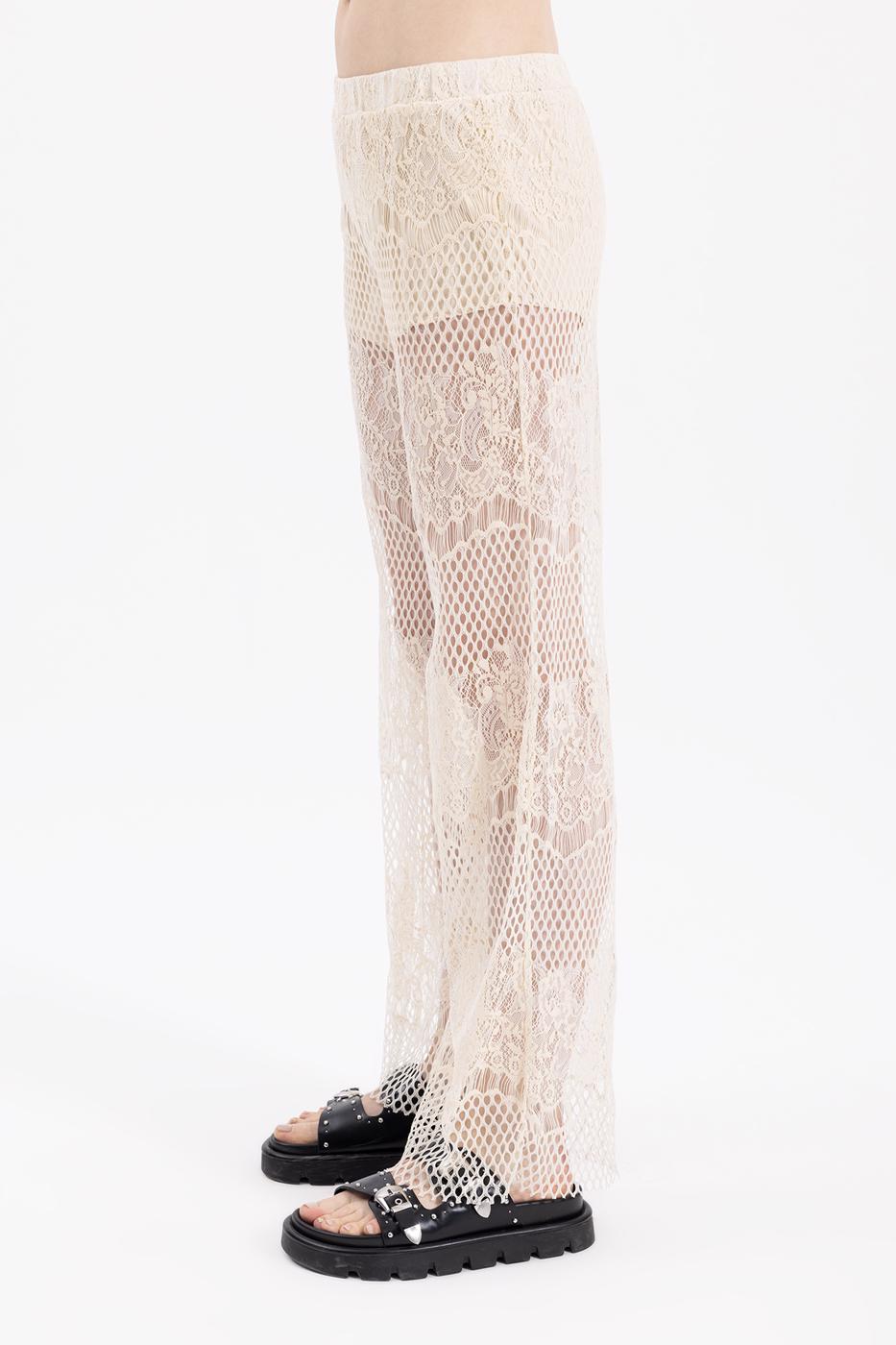 Bayan Ekru Jakarlı Dantel Bol Paça Pantolon