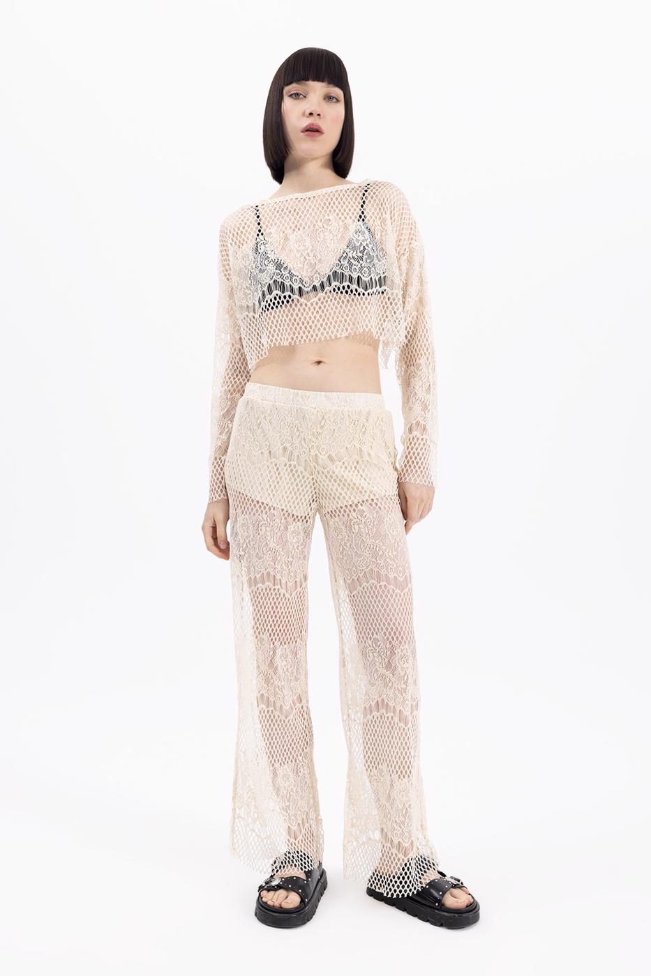 Bayan Ekru Jakarlı Dantel Bol Paça Pantolon