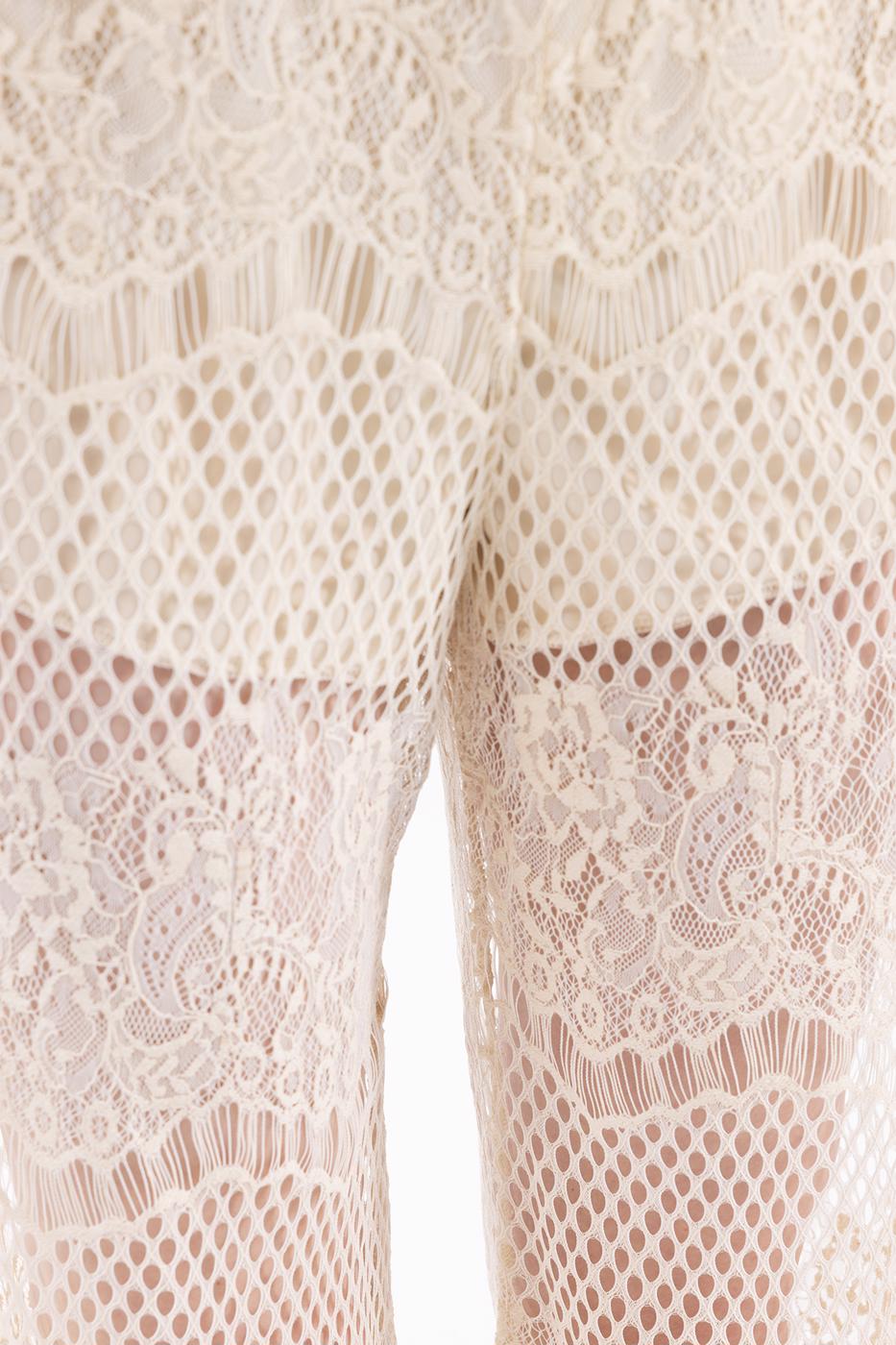 Bayan Ekru Jakarlı Dantel Bol Paça Pantolon