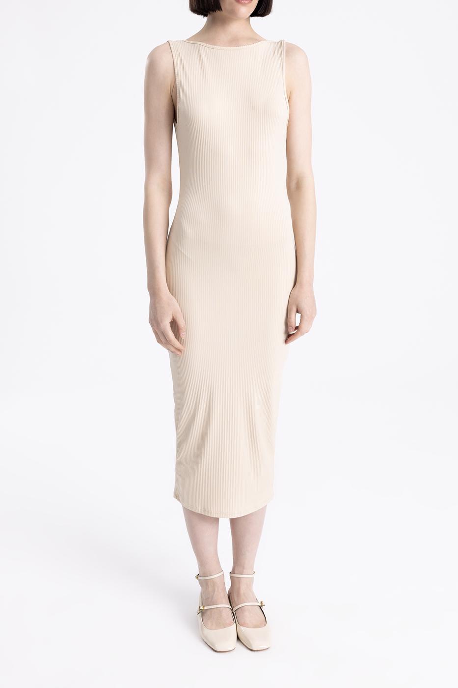 Bayan Bej Sırt Dekolteli Midi Kalem Elbise