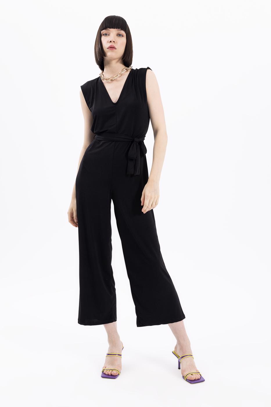 Bayan Siyah V Yakalı Kolsuz Tulum